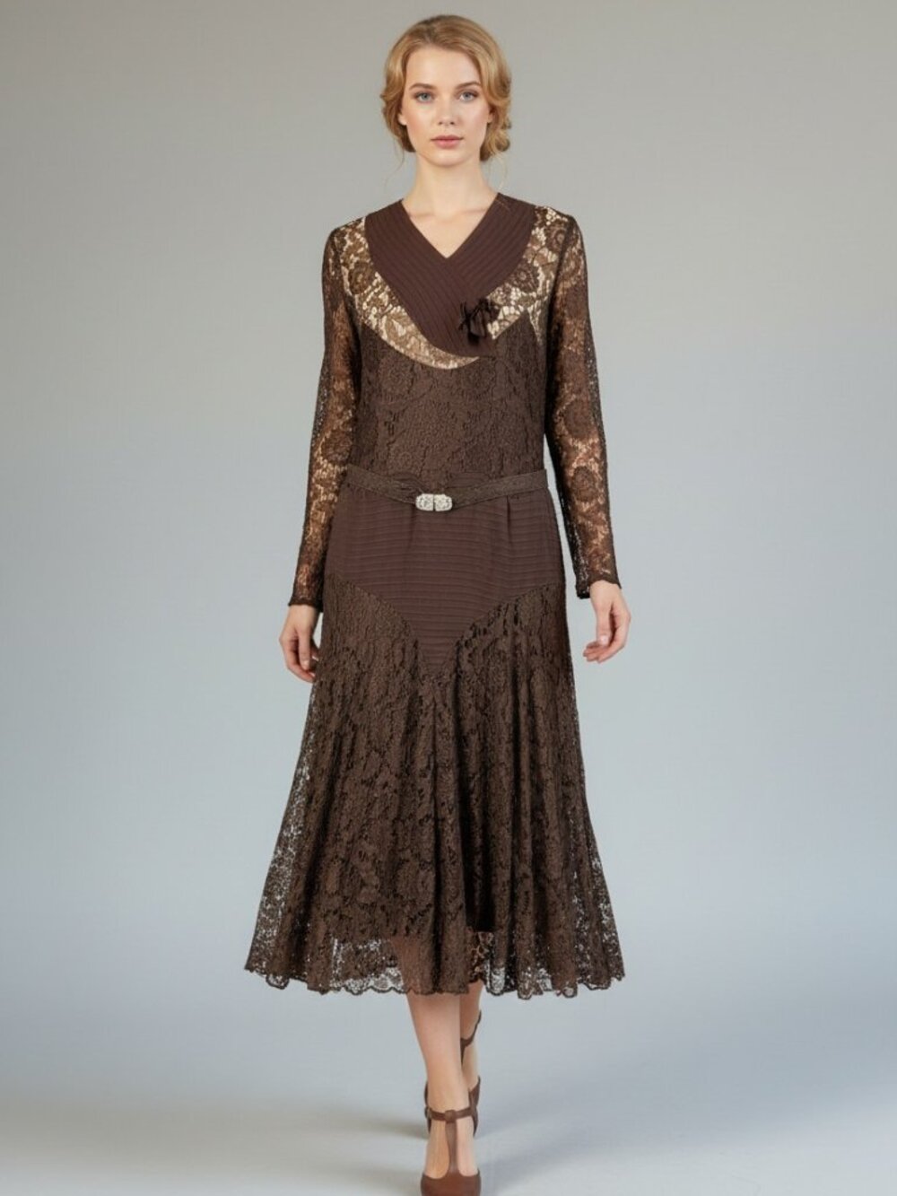 Vintage 1930s LACE Dress Brown Drop Waist Illusion Bust RHINESTONE Belt Art Deco